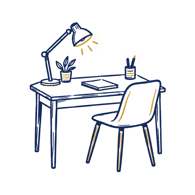 Hand-drawn illustration of a desk and lamp